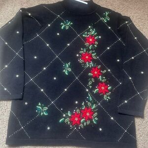 VICTORIA JONES Black Sweater GOLD Beading DESIGN Green Red Floral Embroidery 3-D